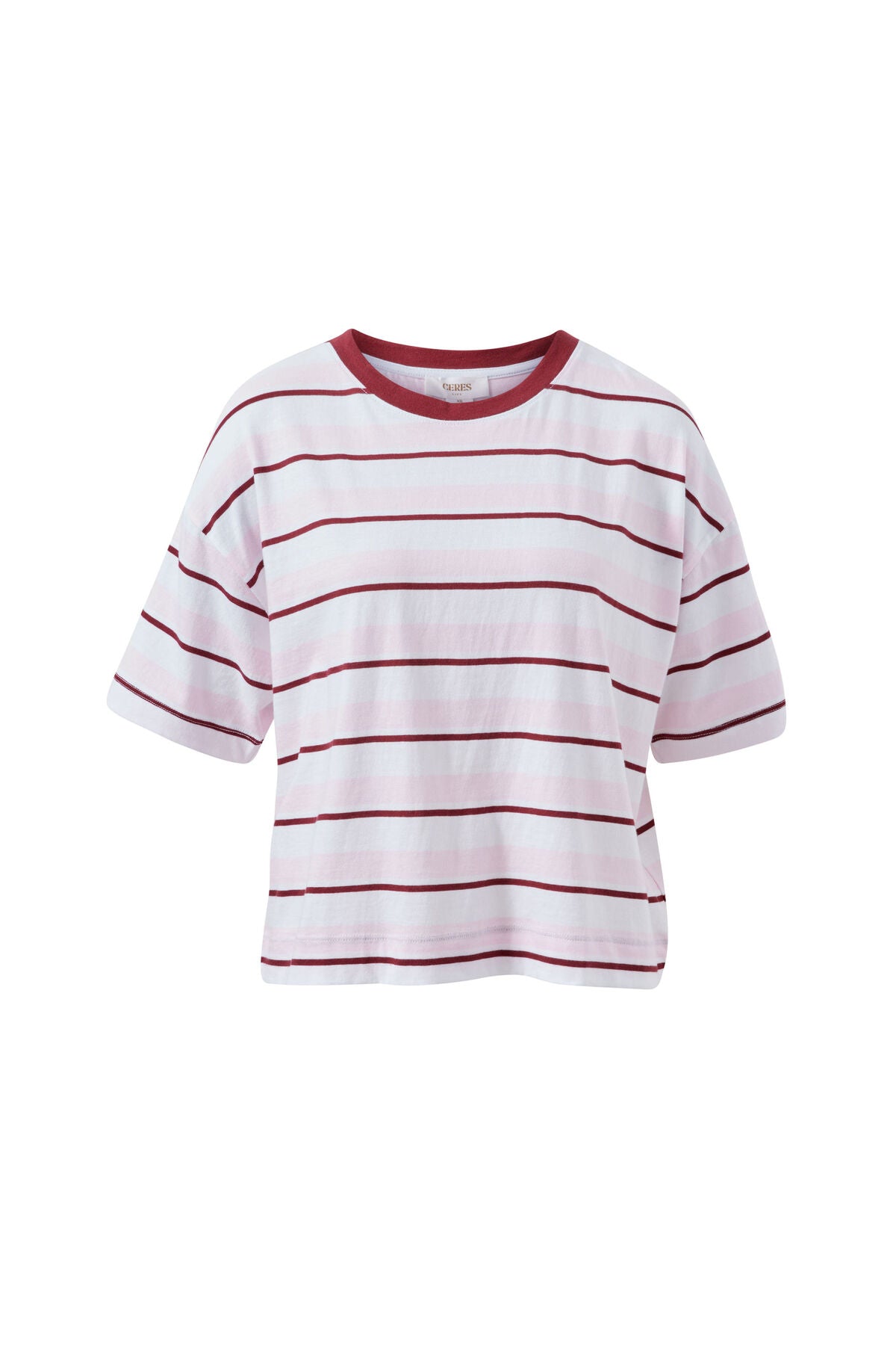 Ceres Life Brea Boxy Tee in pink stripe flat lay front