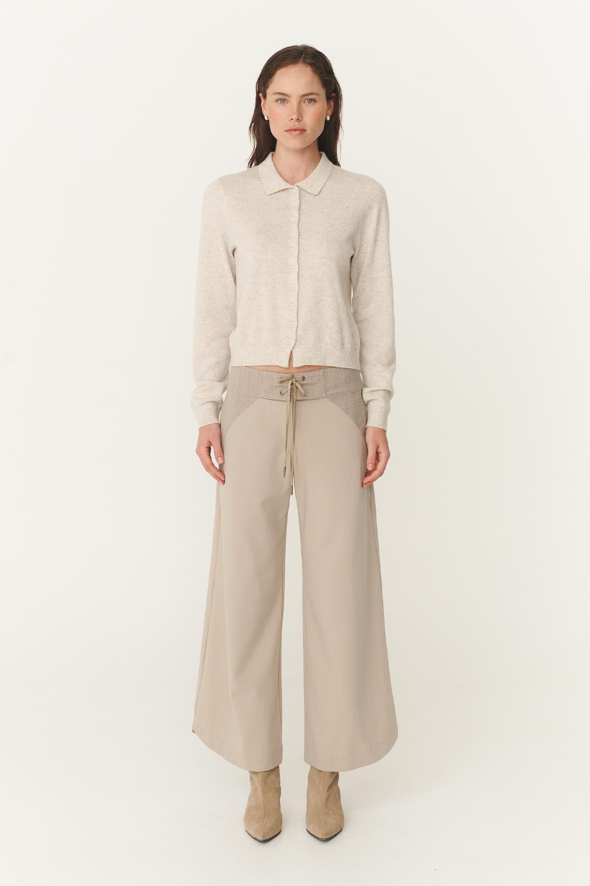 Rowie celia merino knit cardi in oat marle full length