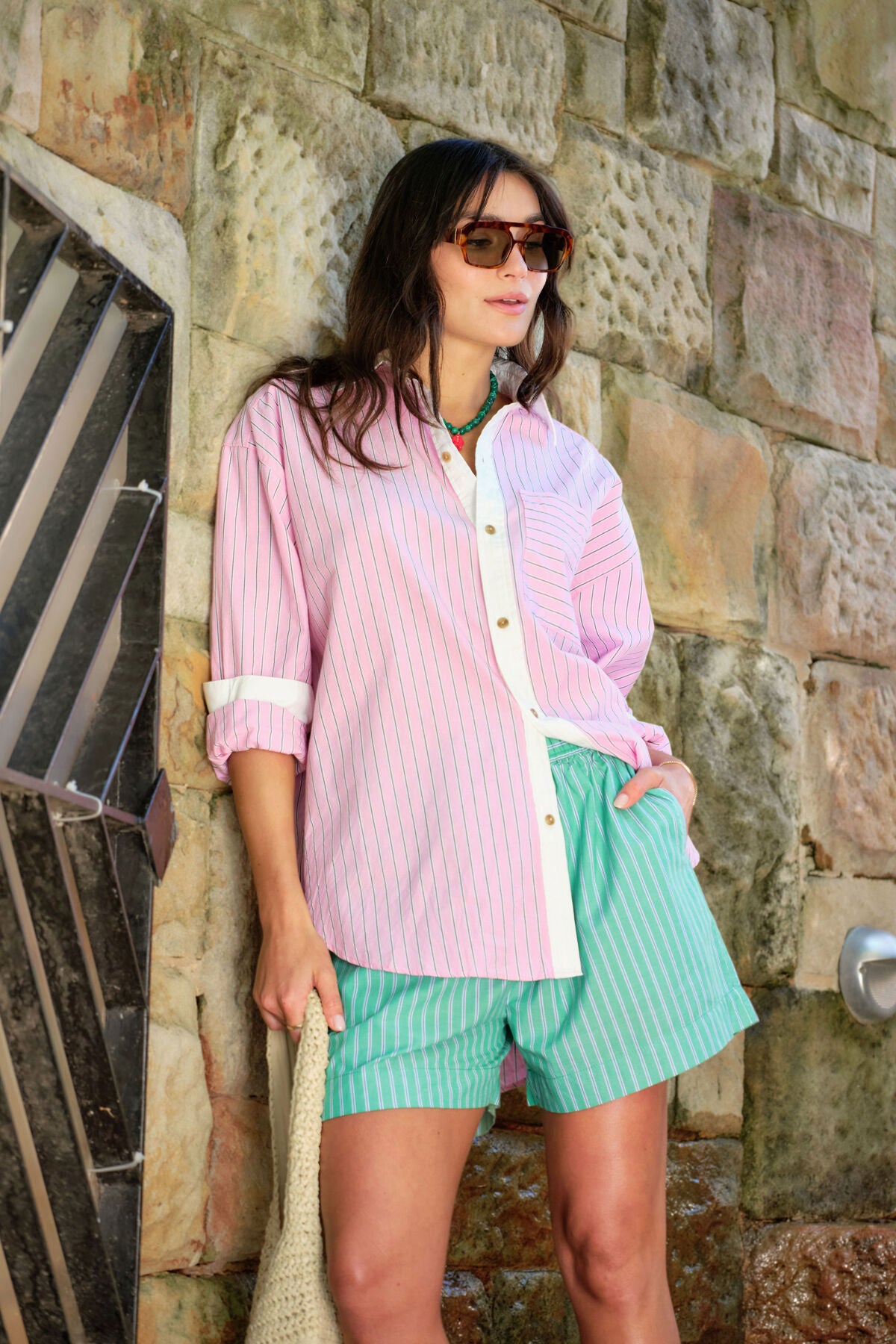 Ceres Life Peta Oversized Shirt in Hibiscus Pink Triple Stripe campaign shot