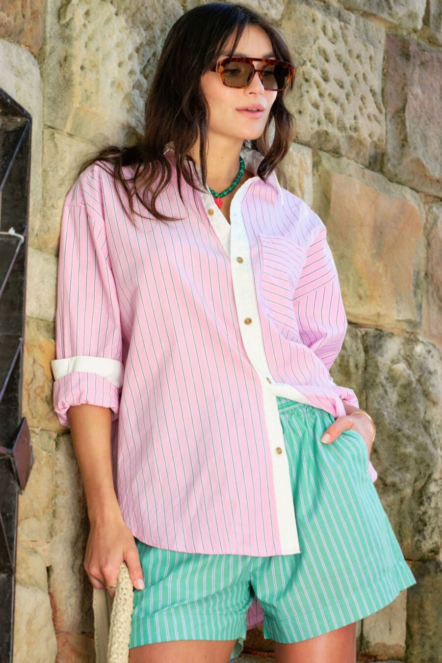 Ceres Life Mila Short in Zesty green stripe on model campaign shot 2