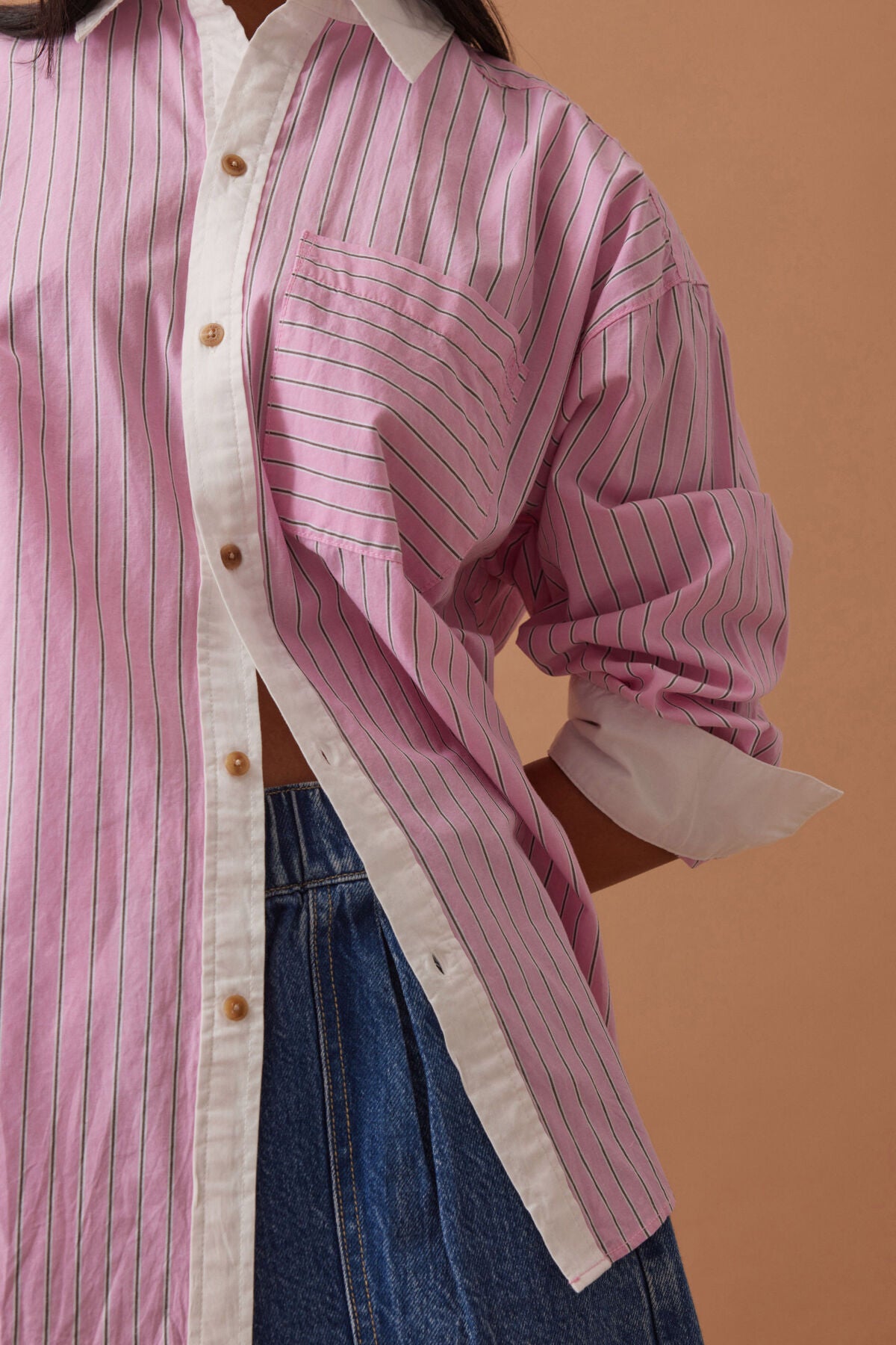 Ceres Life Peta Oversized Shirt in Hibiscus Pink Triple Stripe on model close up