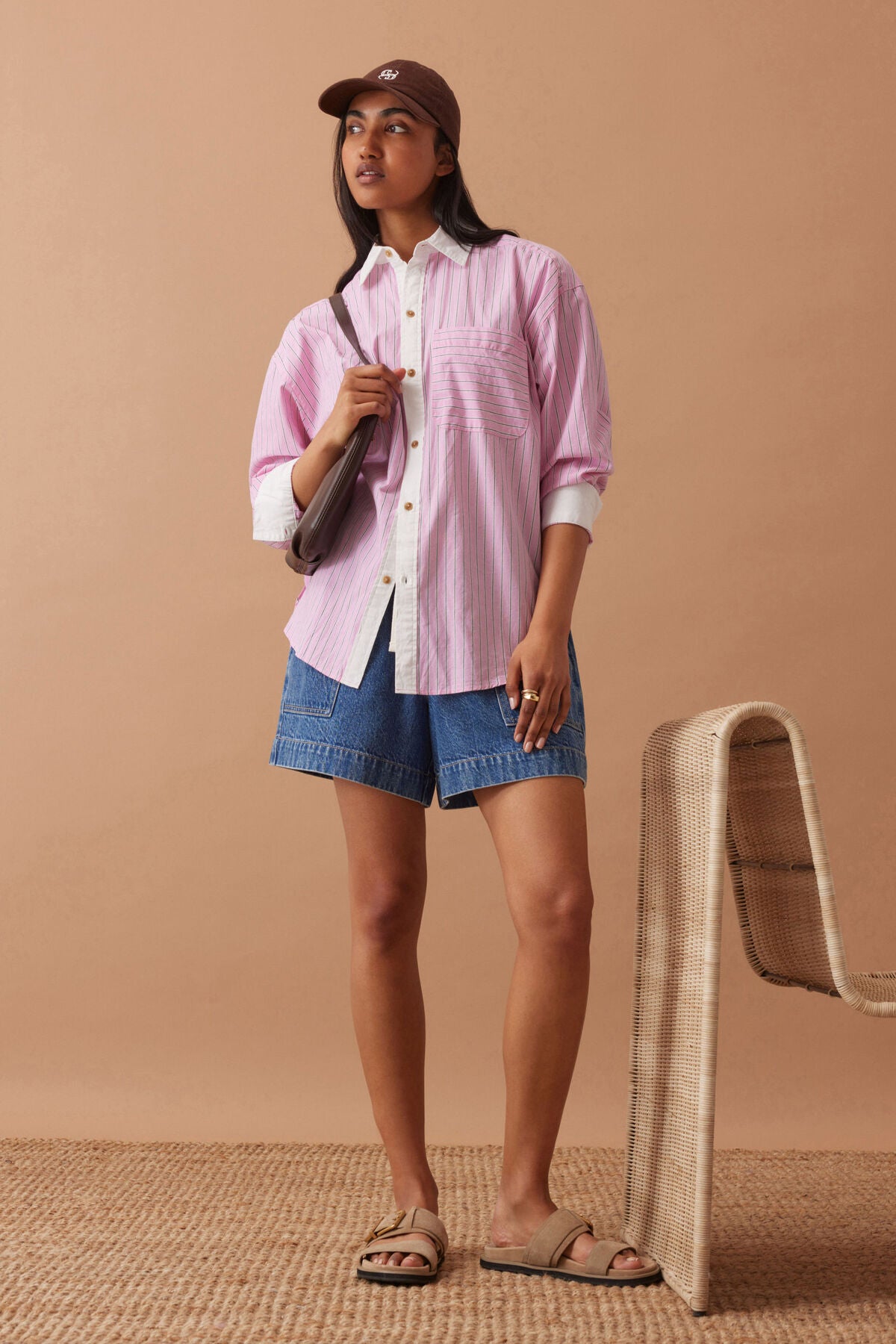 Ceres Life Peta Oversized Shirt in Hibiscus Pink Triple Stripe on model 2