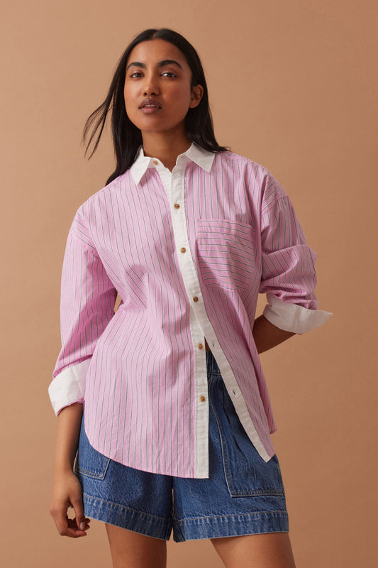 Ceres Life Peta Oversized Shirt in Hibiscus Pink Triple Stripe on model