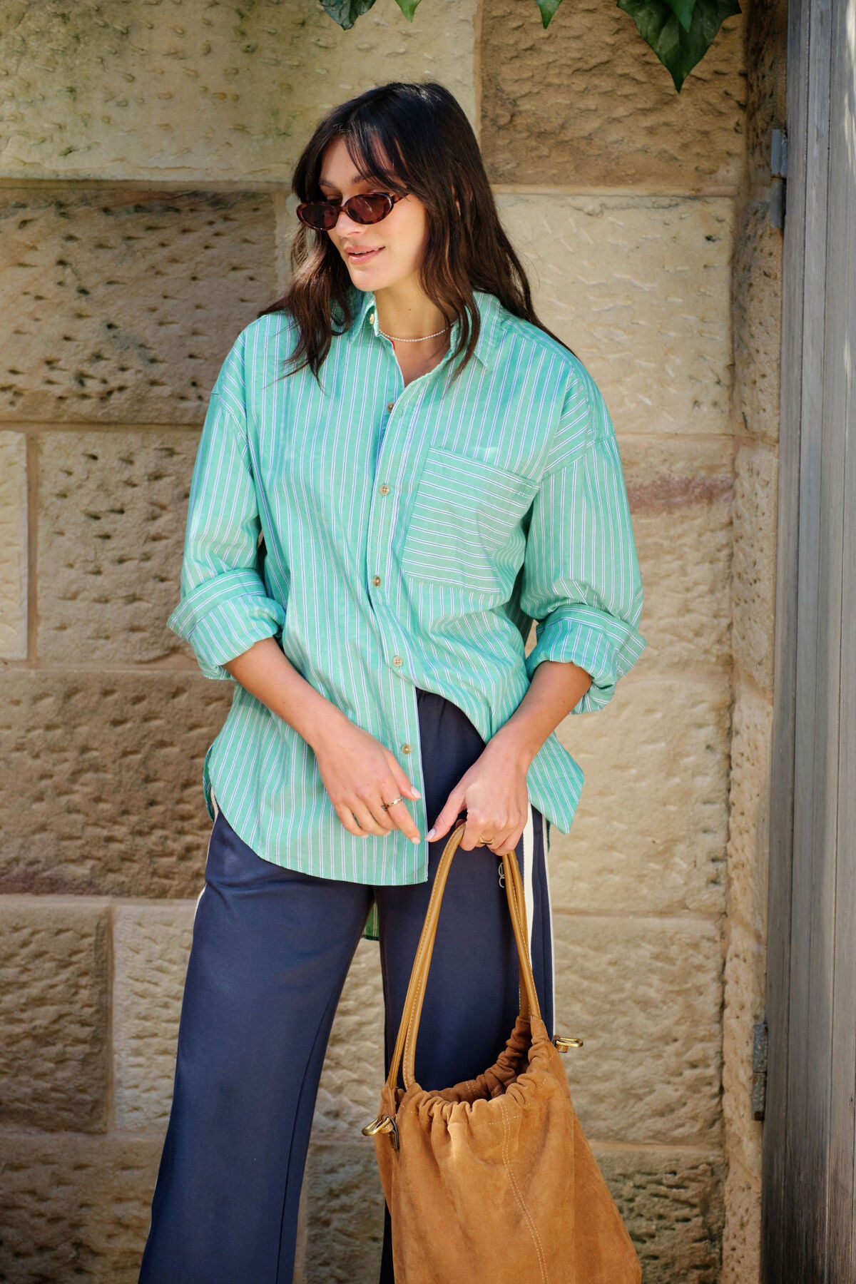 Ceres Life Peta Oversized Shirt in Zesty Green Triple Stripe campaign shot