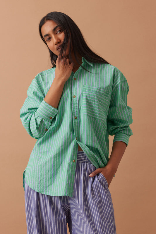 Ceres Life Peta Oversized Shirt in Zesty Green Triple Stripe on model