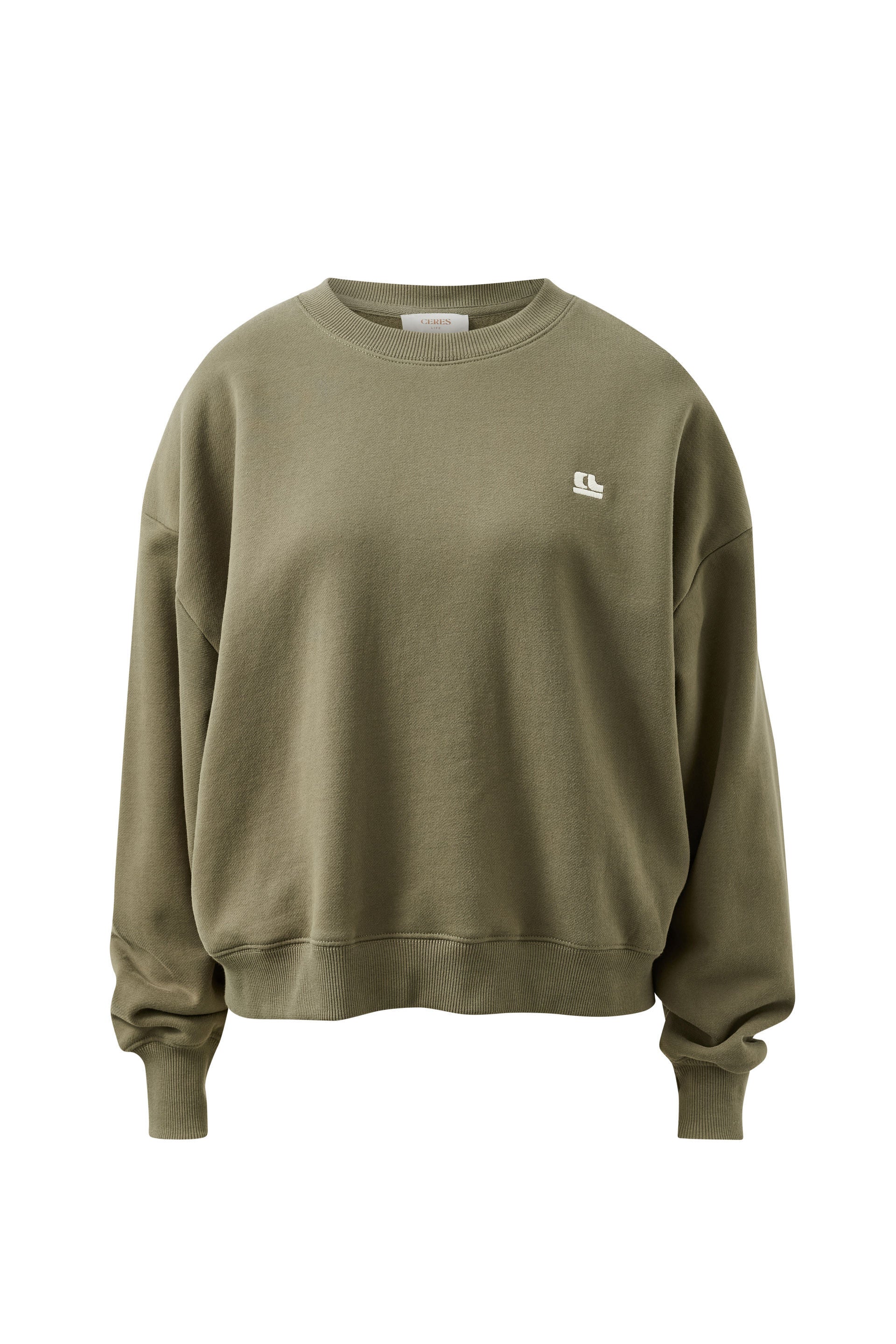 Ceres Life Quinn Crew in washed olive flat lay front