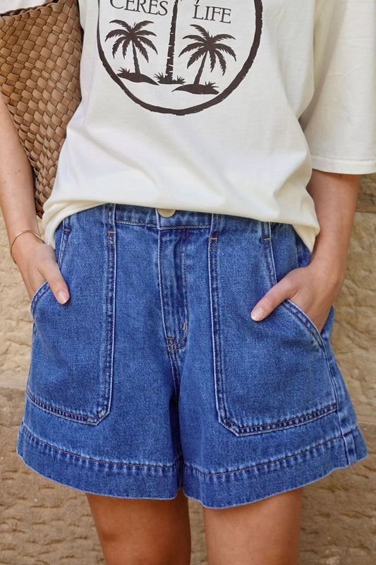 Ceres LIfe Weekender Short in fresh indigo on model close up 