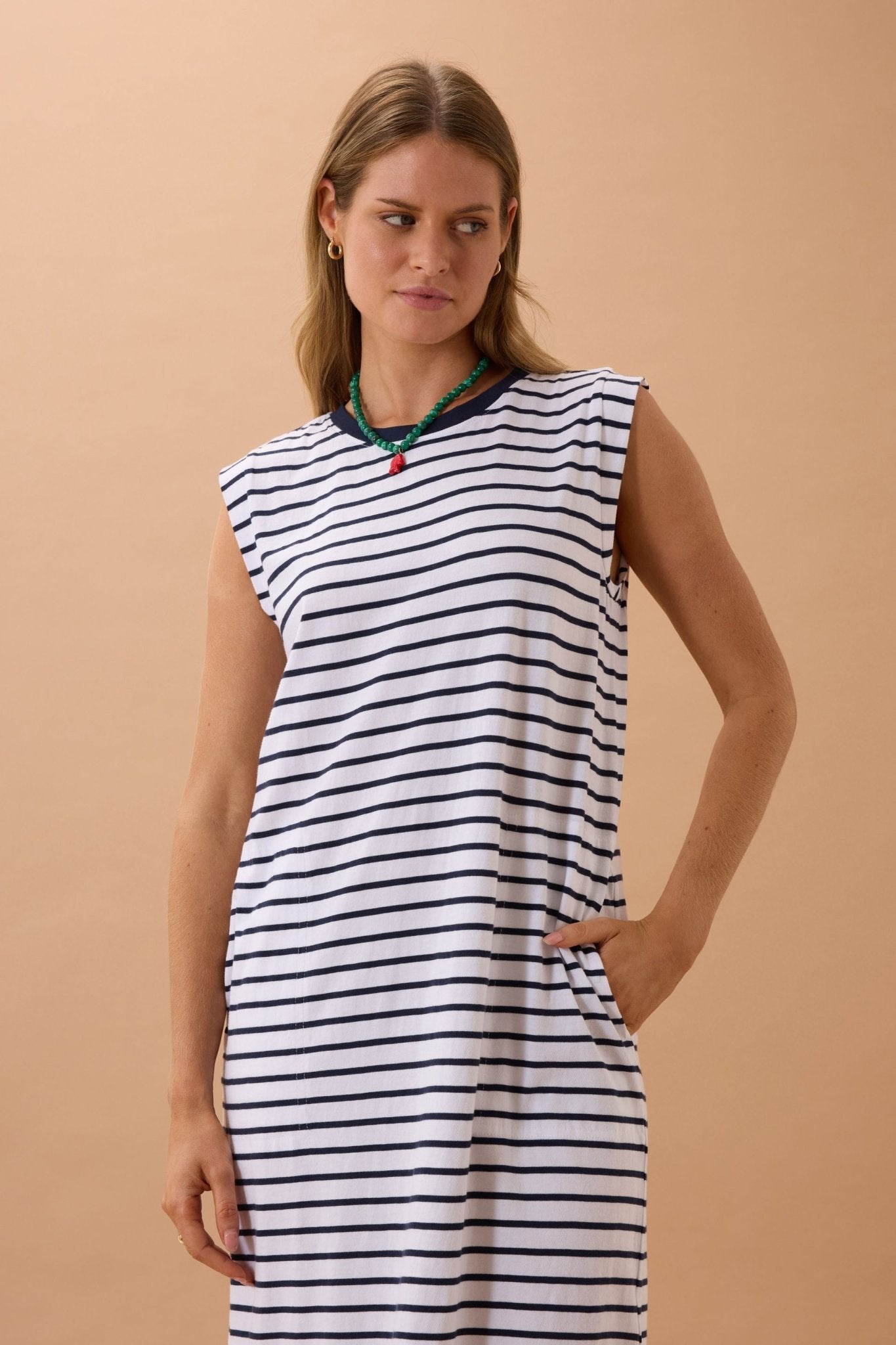 Ceres Life Paloma Dress white & navy stripe hand in pocket