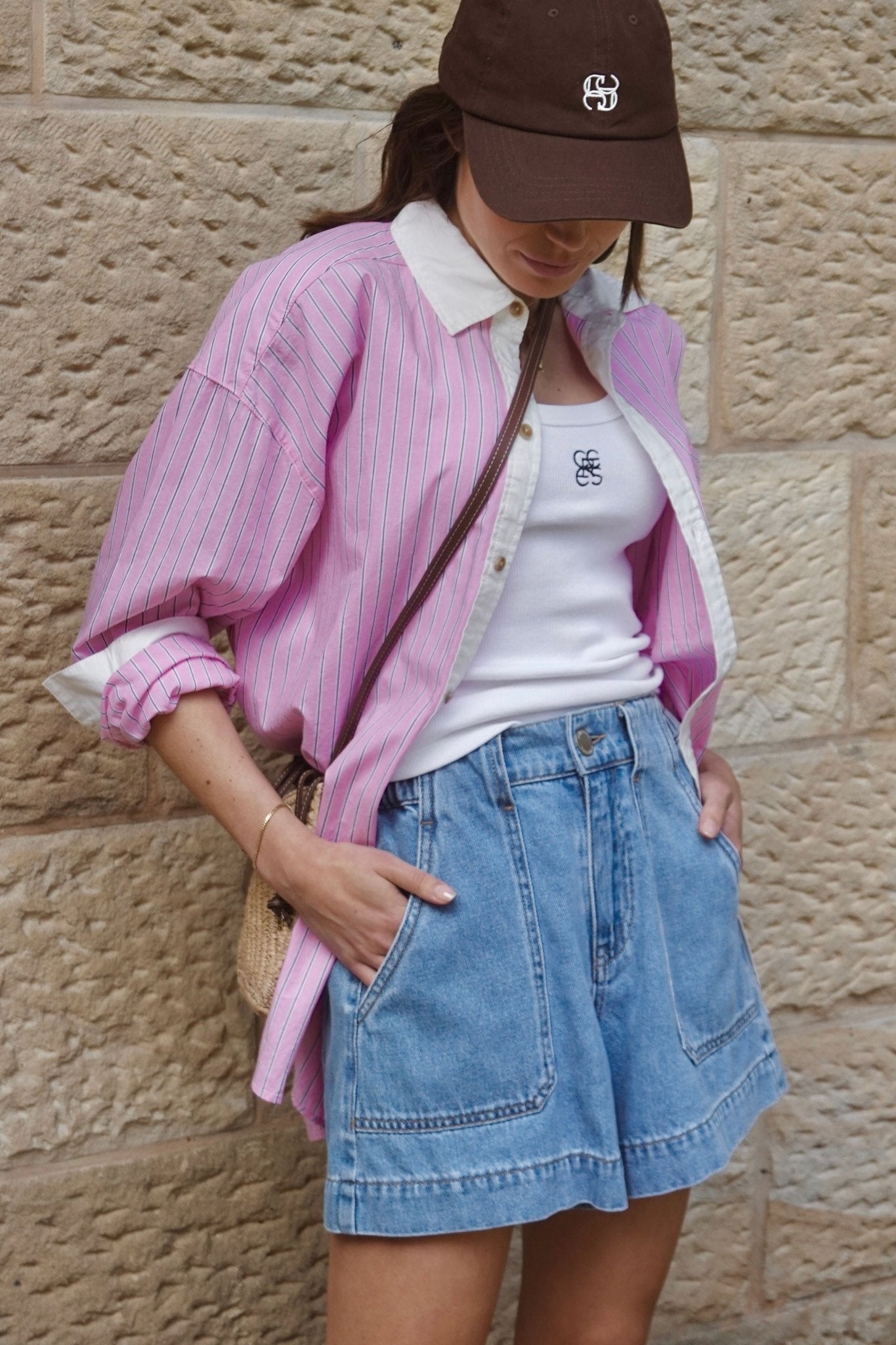 Ceres Life weekender shorts in vintage blue with pink hibiscus shirt