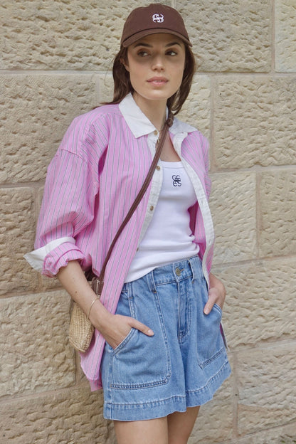 Ceres Life weekender shorts in vintage blue with hibiscus shirt 2