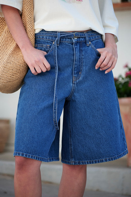 Ceres Life Olive Belted Shorts in Fresh Indigo campaign shot 2