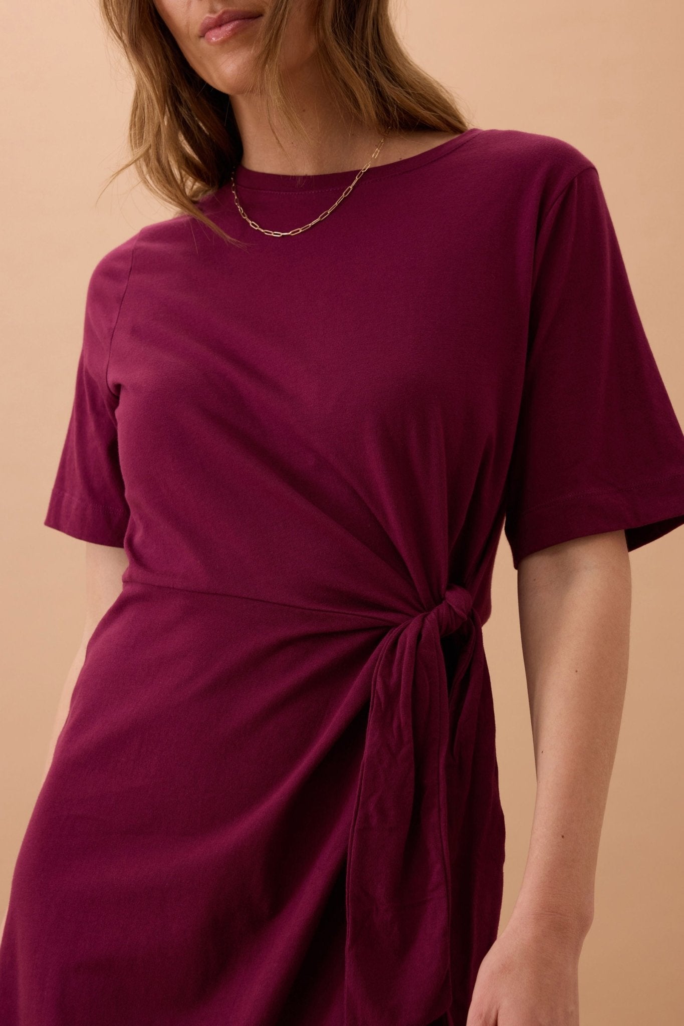 Ceres Life mini tee dress in pomegranate close up 