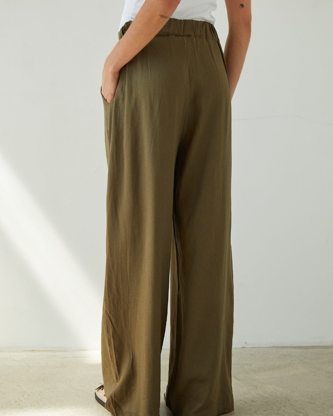 Charli Alexis linen pants in khaki back shot 2