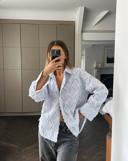 Charli Marlowe Shirt in blue stripe influencer shot 2