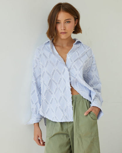 Charli Marlowe Shirt in blue stripe model shot 2