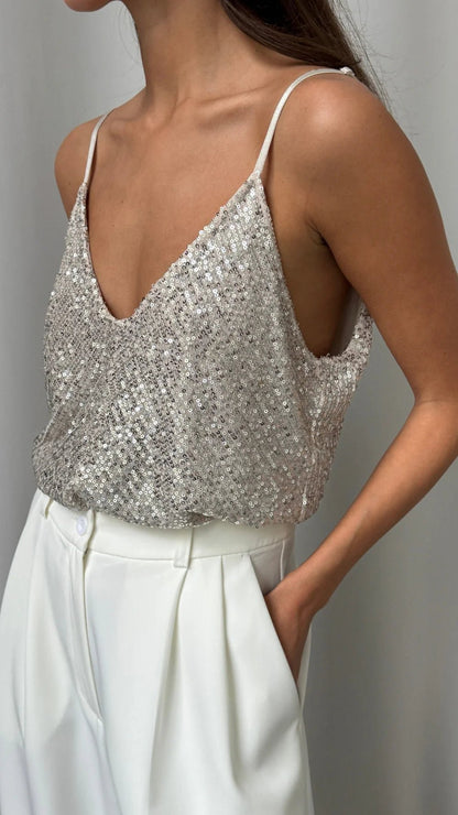 Charli sequin cami in silver close up