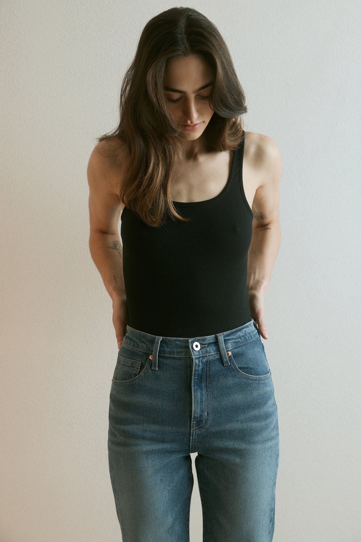 Outland Denim Cindy high bootleg laguna on film close up 2