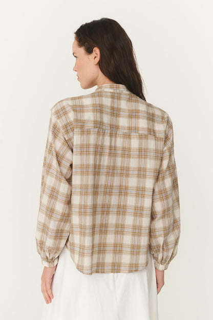 Rowie Cora blouse in fawn plaid back shot