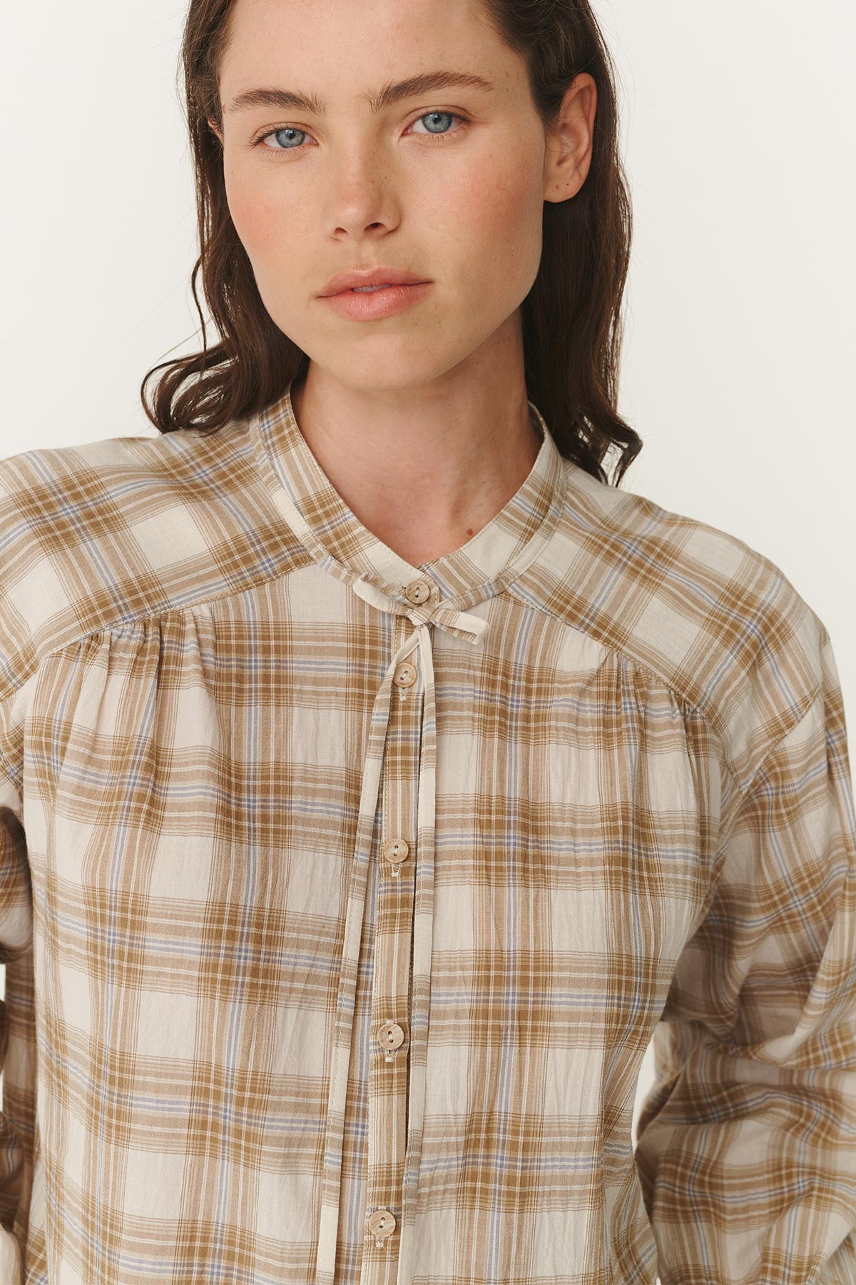 Rowie Cora blouse in fawn plaid close up