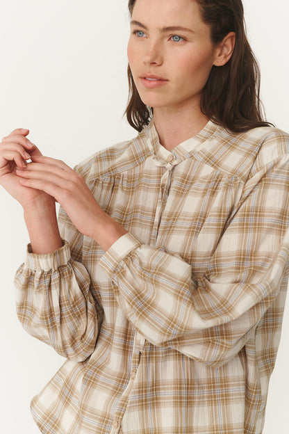Rowie Cora blouse in fawn plaid close up 2