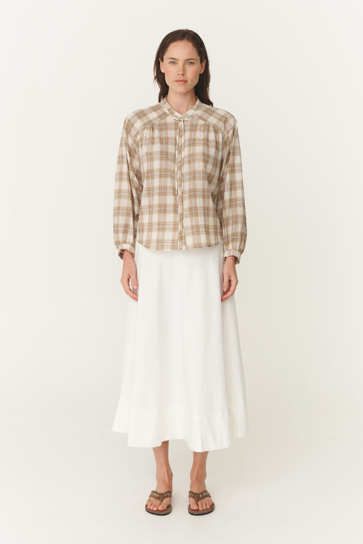 Rowie Cora blouse in fawn plaid full length