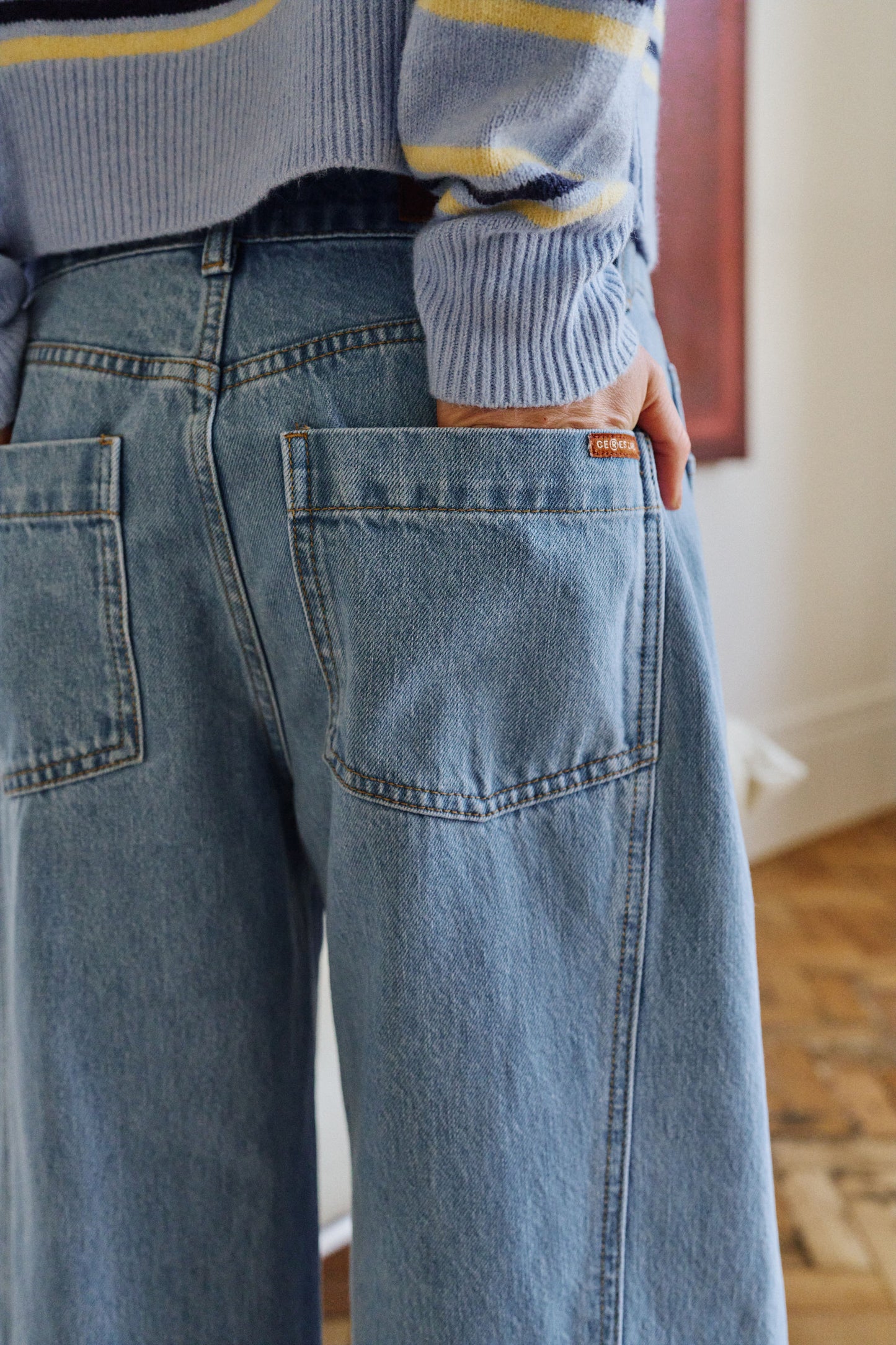Ceres Life Demi barrel leg in vintage blue close up of back pocket