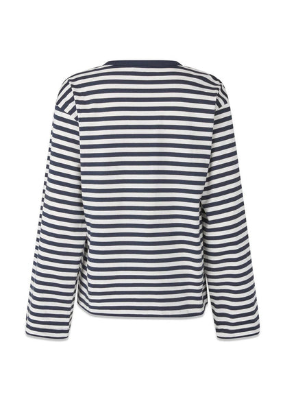 Modström Hellen Long-Sleeve Stripe Tee in Navy & White Stripe flat lay back shot 