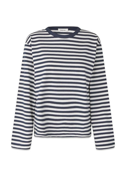 Modström Hellen Long-Sleeve Stripe Tee in Navy & White Stripe flat lay 
