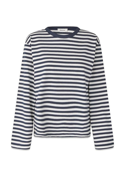 Modström Hellen Long-Sleeve Stripe Tee in Navy & White Stripe flat lay 