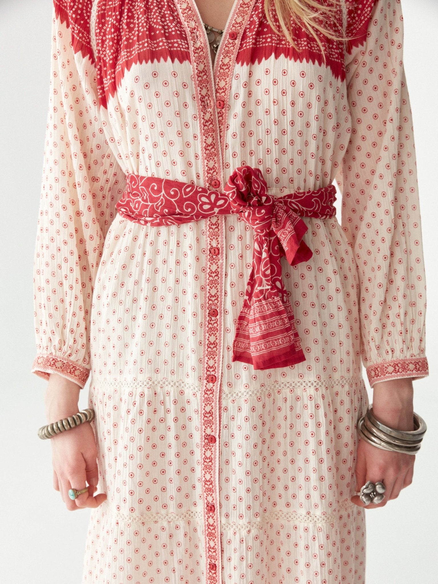 Maison Hotel Triana Dress – Passion Red on model close up of middle 