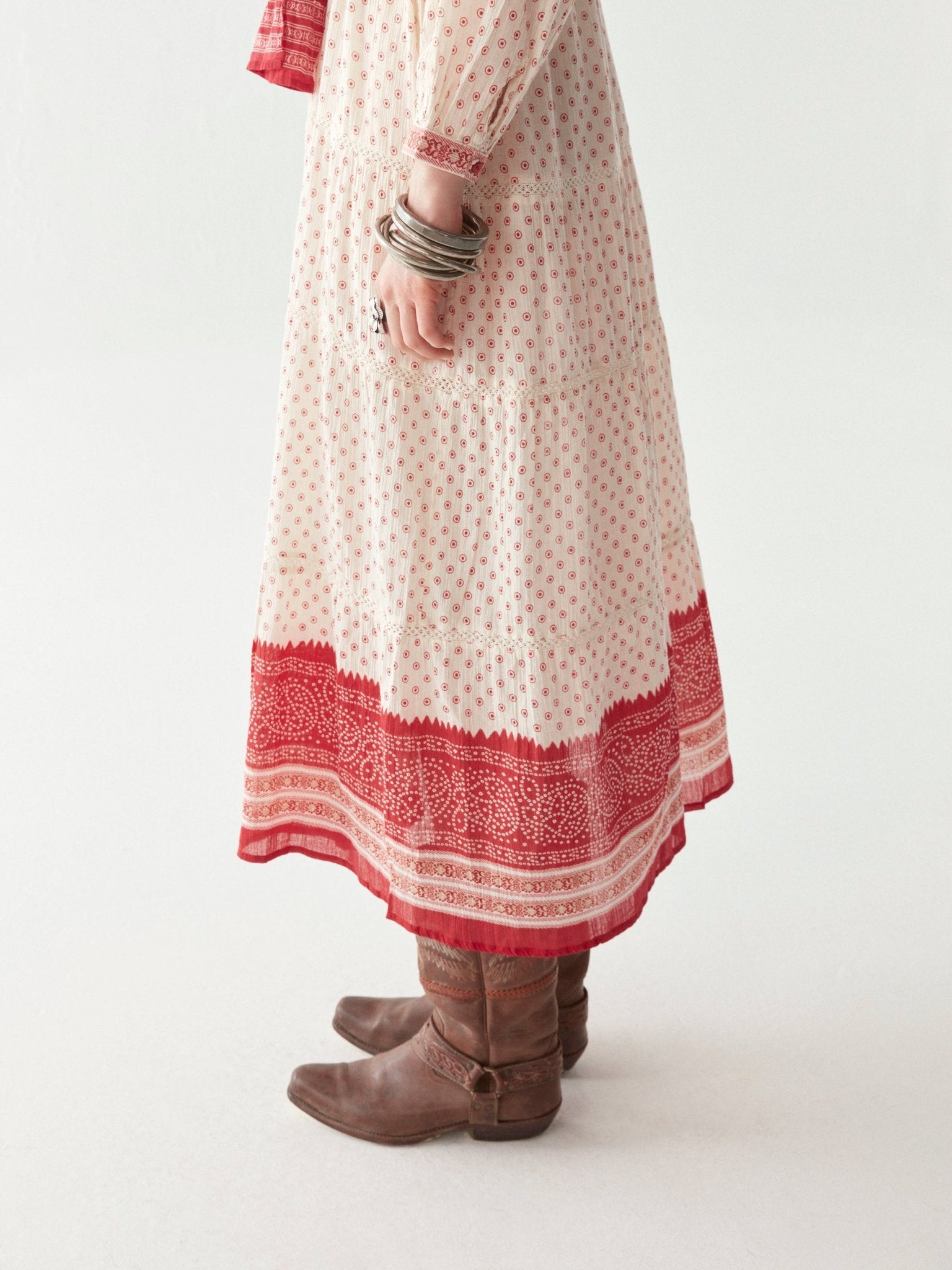Maison Hotel Triana Dress – Passion Red on model close up hemline 