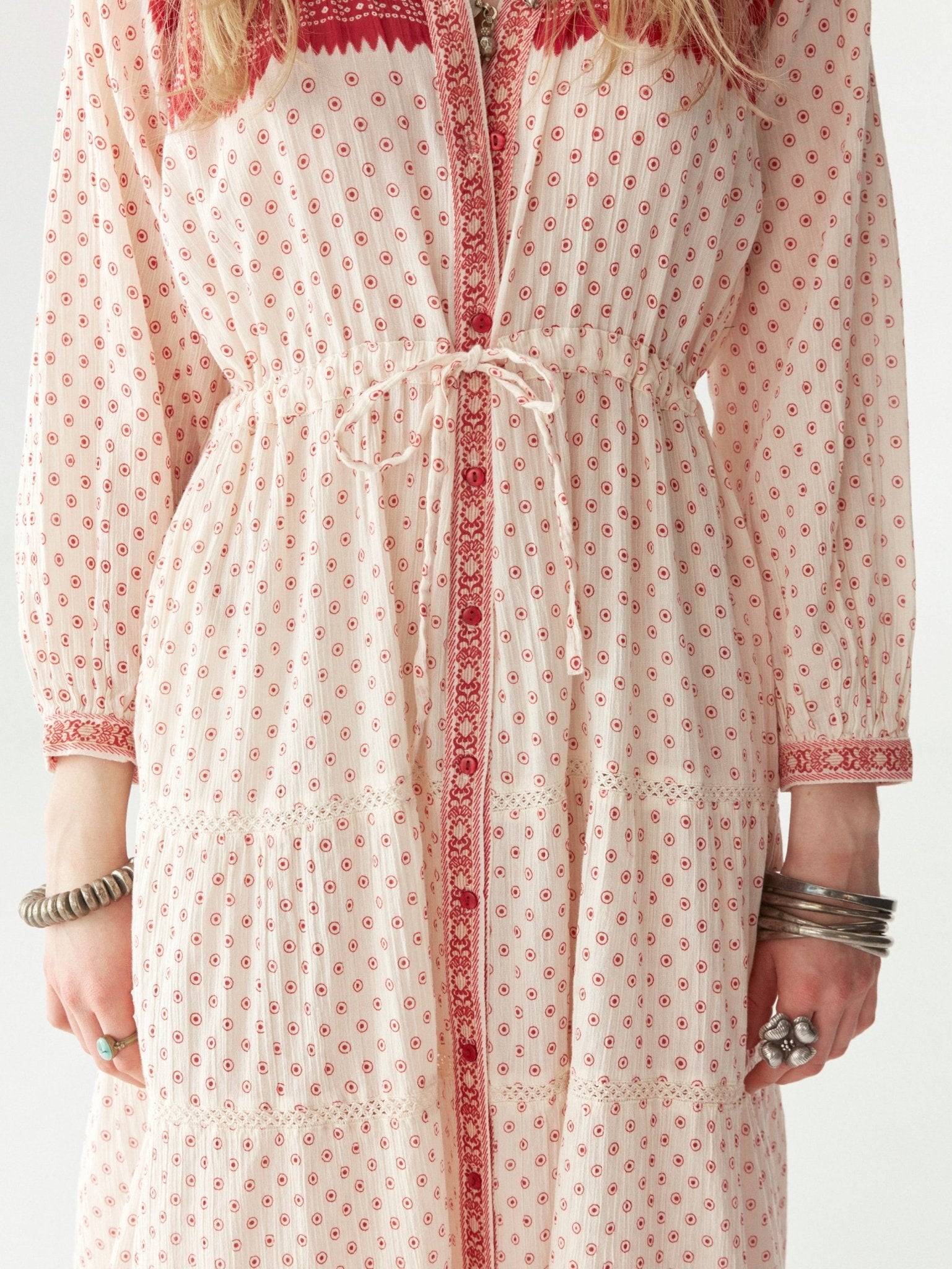 Maison Hotel Triana Dress – Passion Red on model close up 3