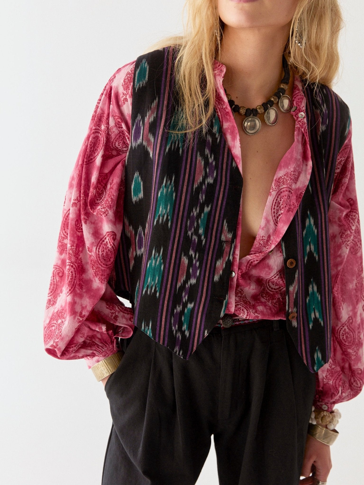 Maison Hotel Naty Blouse – Paisley Dream on model with vest