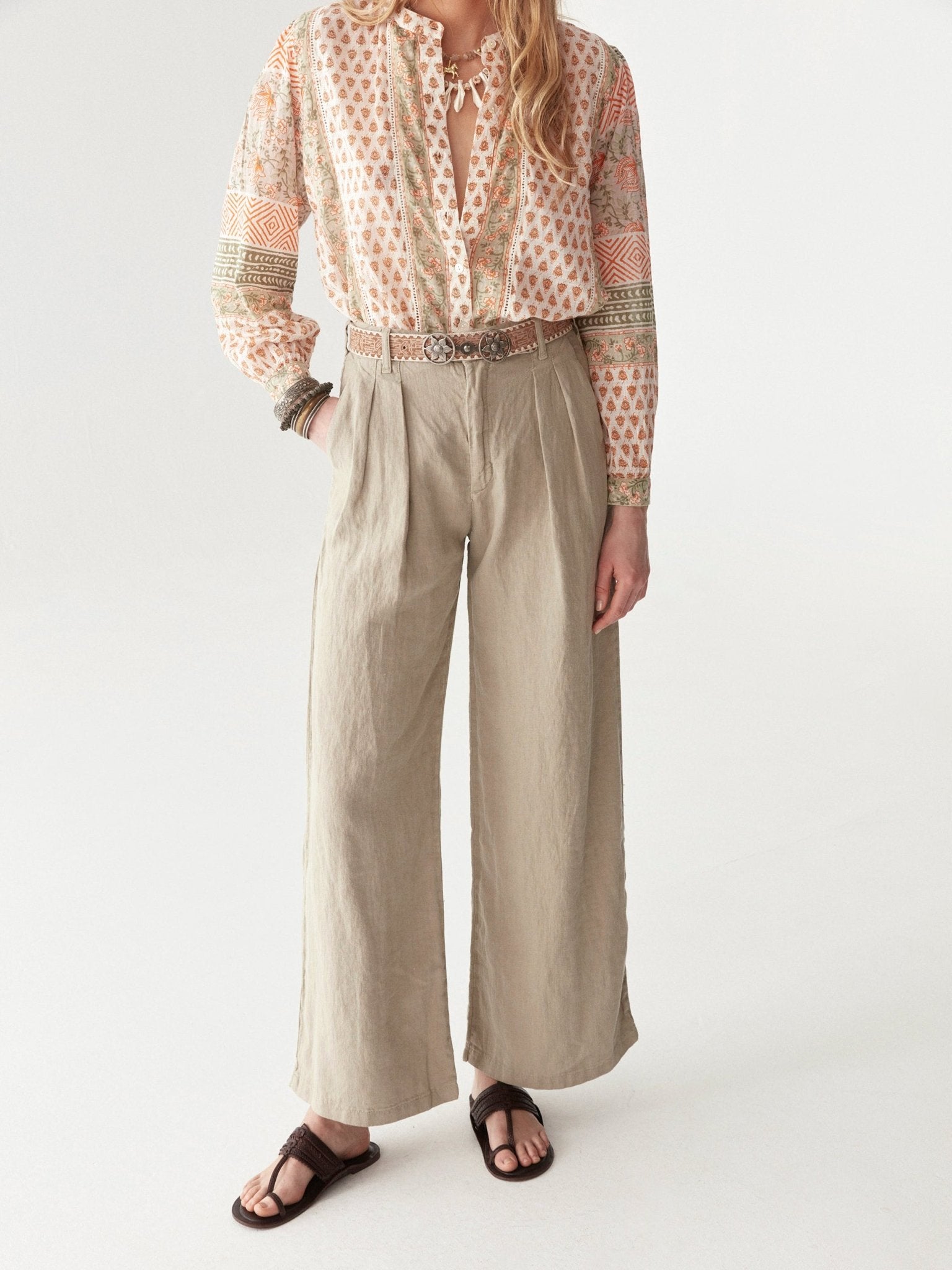 Maison Hotel Vera Blouse in Light Forest Cream full length