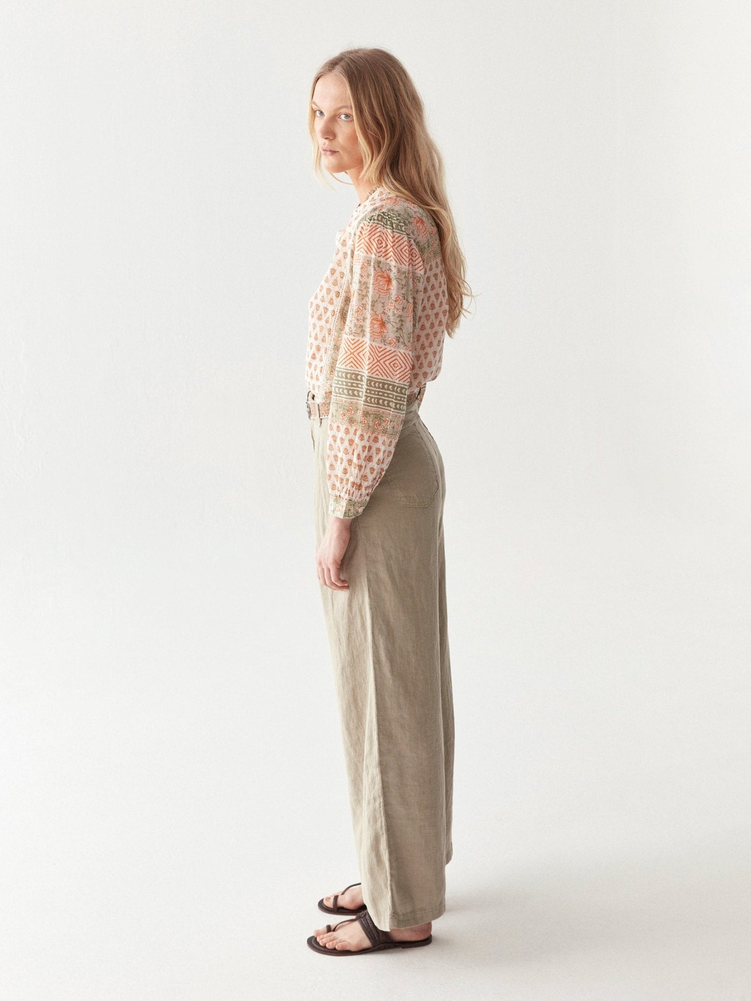 Maison Hotel Vera Blouse in Light Forest Cream side on full length