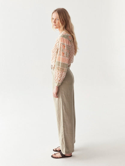 Maison Hotel Vera Blouse in Light Forest Cream side on full length