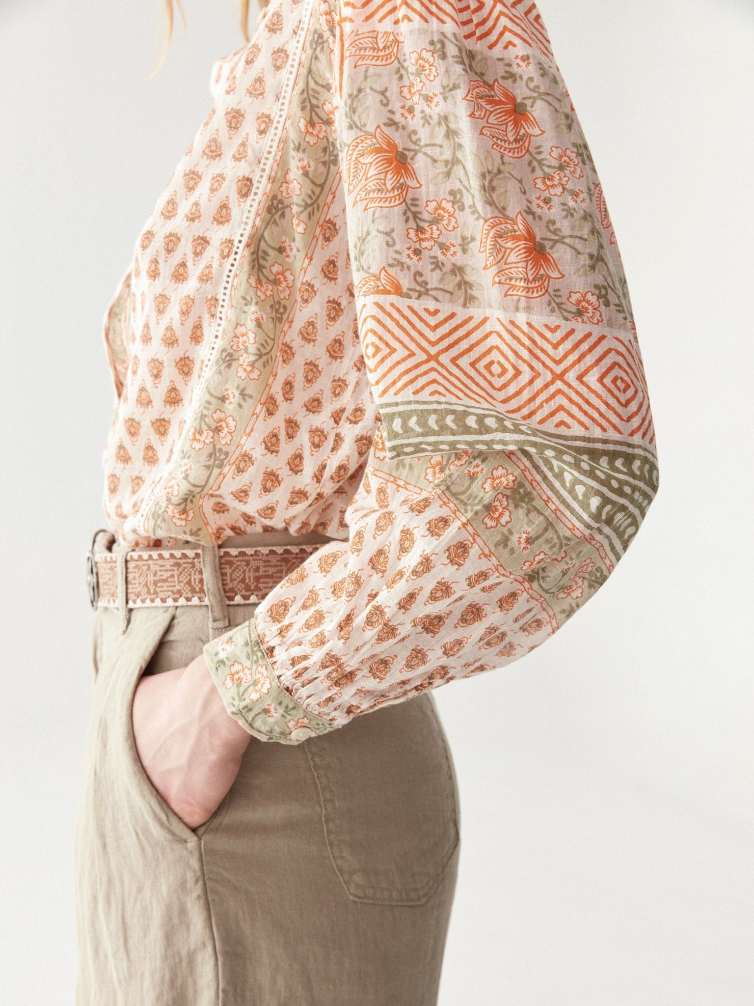 Maison Hotel Vera Blouse in Light Forest Cream sleeve side on 