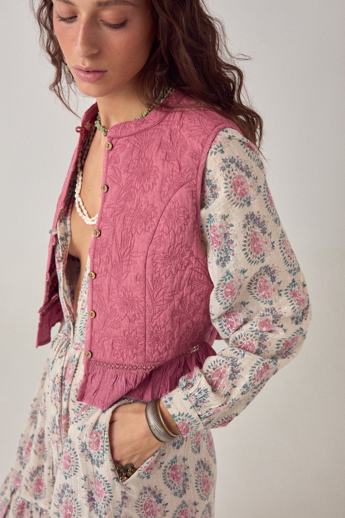 Maison Hotel Anne Dress Azalea Dusty close up with vest