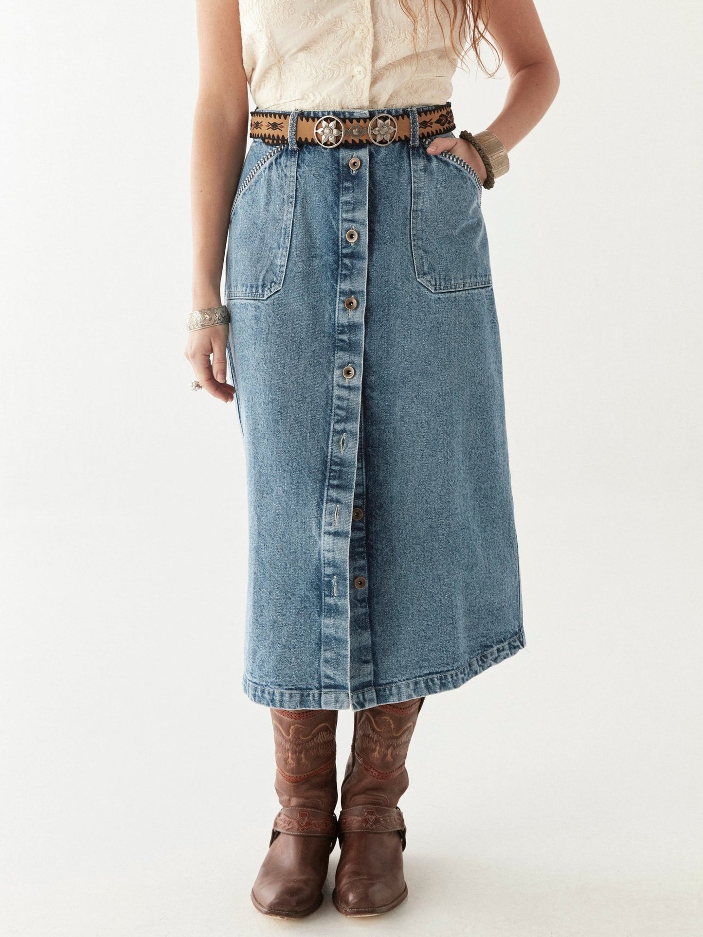 Maison Hotel Agustina Belt in Yerba Mata on model with. denim skirt 2