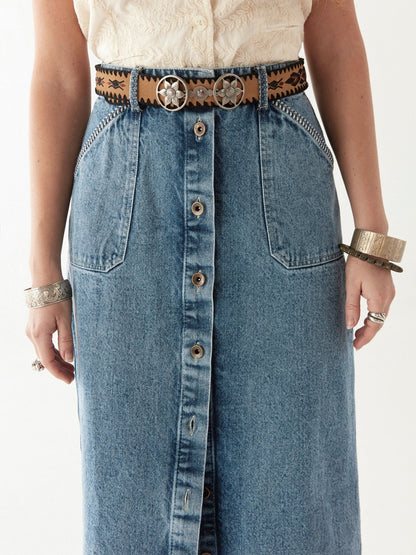 Maison Hotel Agustina Belt in Yerba Mata on model with denim skirt 