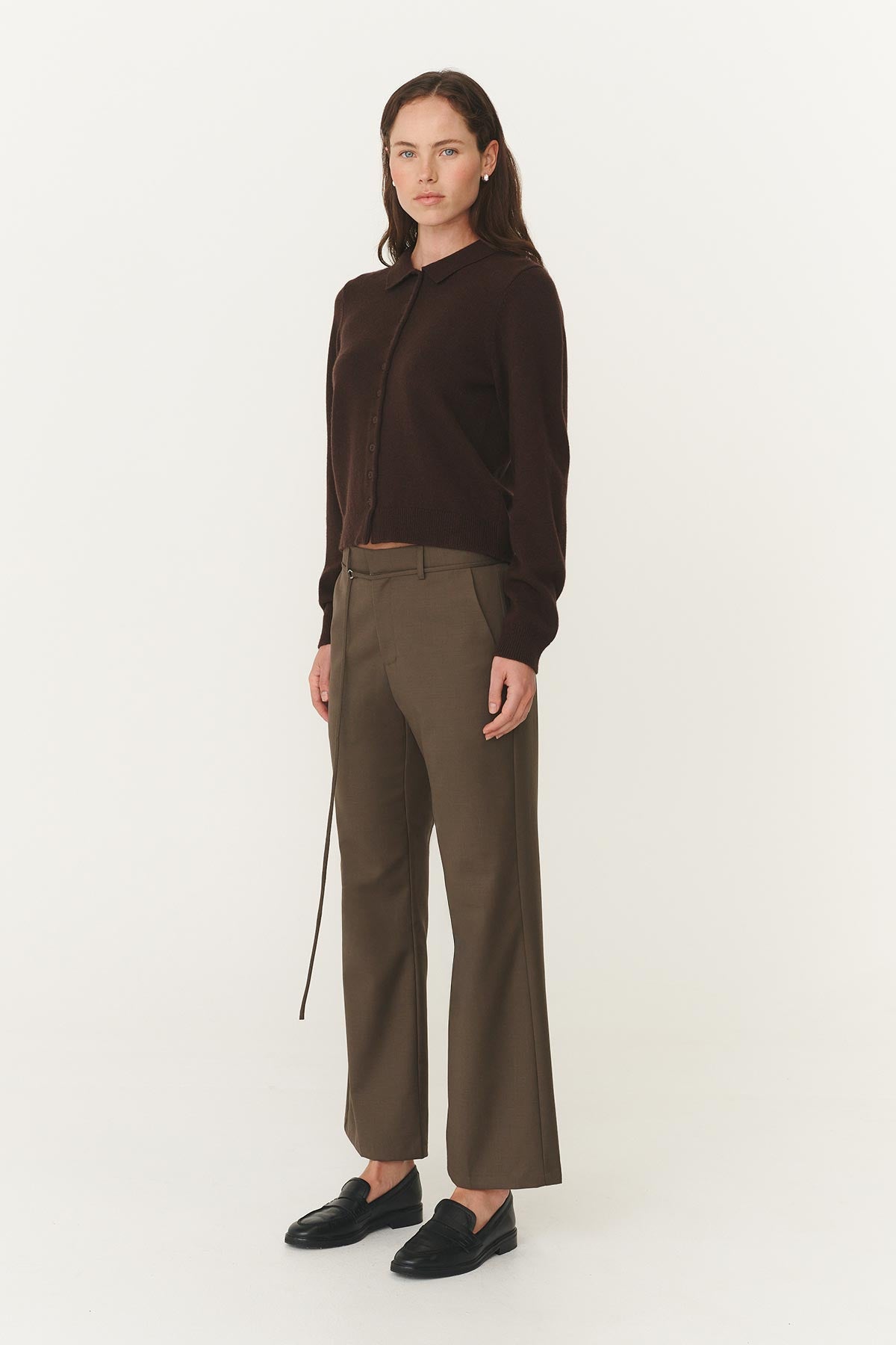 Rowie Marin wool suit pants in chestnut side on