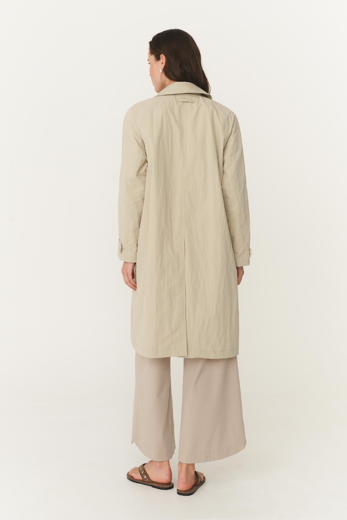 Rowie Marlow classic trench in stone studio shot back