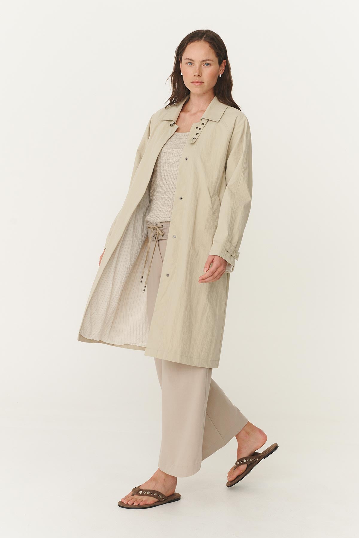 Rowie Marlow classic trench in stone side on 2