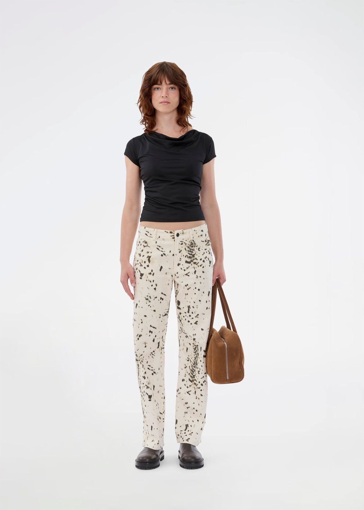 Modstrom Hima md drapey t-shirt in black studio shot 2