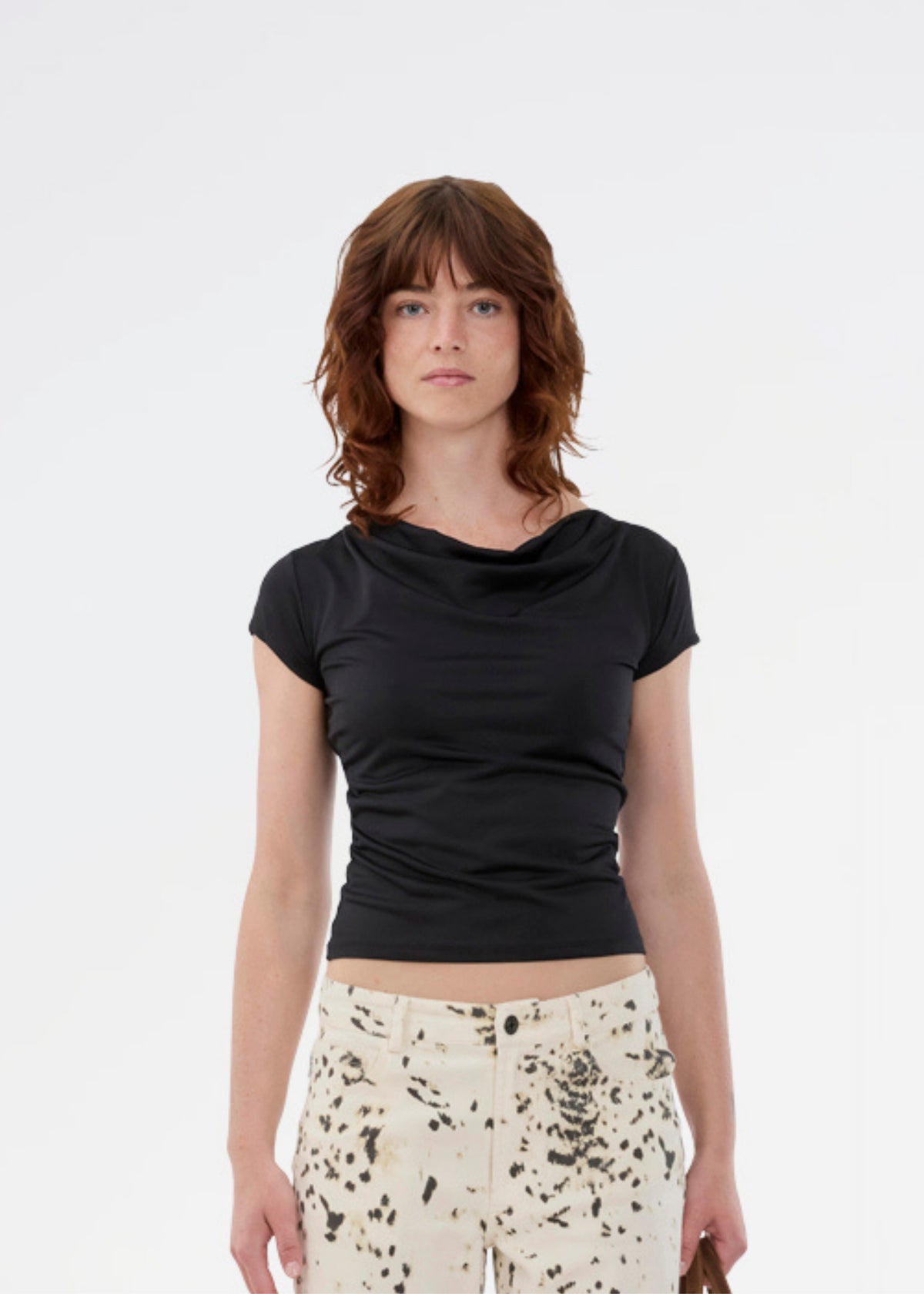 Modstrom Hima md drapey t-shirt in black studio shot 1