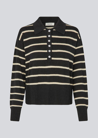 Modstrom Malva MD Stripe Polo – Black & Sand Stripe flat lay front shot 