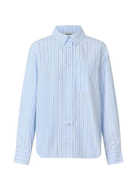 Modström Mille Stripe Shirt in Light Blue & Navy Stripe flat lay front shot 