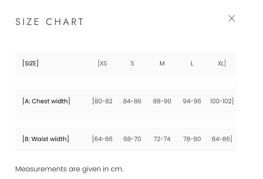 Modström Size Chart – bust and waist measurements. 