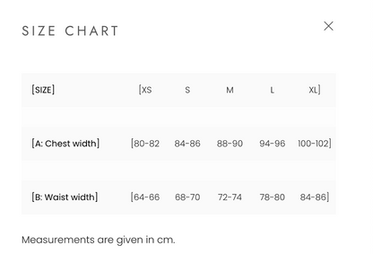 Modström Size Chart – bust and waist measurements. 