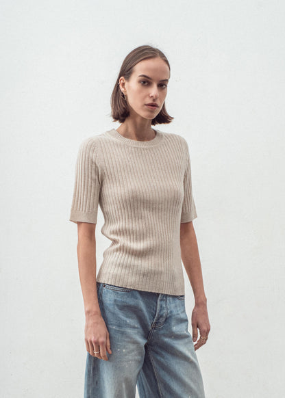 aleger cashmere blend ribbed tee in light shell 2